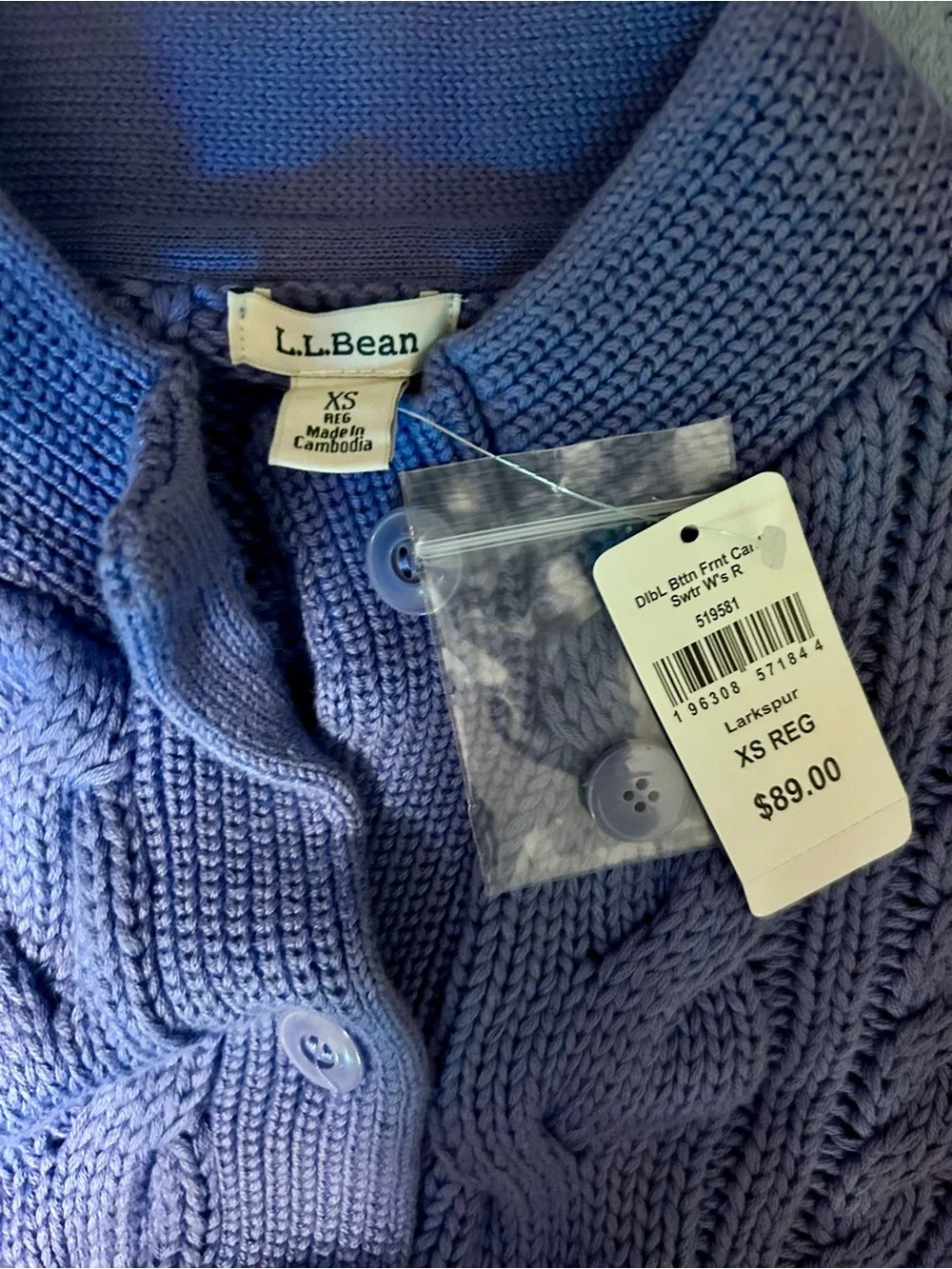 L.L. Bean 100% Cotton Cable Knit Button-Up Cardigan - Lavender